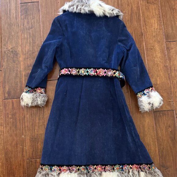 Vintage Bohemian Penny Lane Embroidered Blue Suede Long Coat - Picture 2 of 8